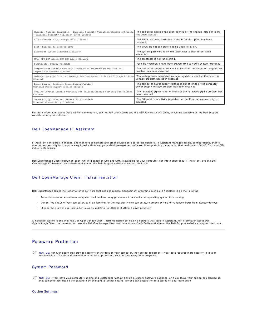 Dell GX60 manual Password Protection, Dell OpenManage IT Assistant, Dell OpenManage Client Instrumentation, System Password 