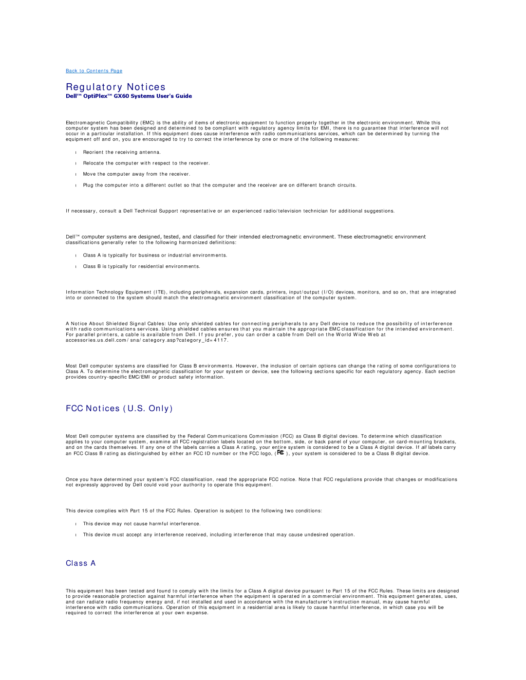 Dell GX60 manual Regulatory Notices, FCC Notices U.S. Only, Class a 