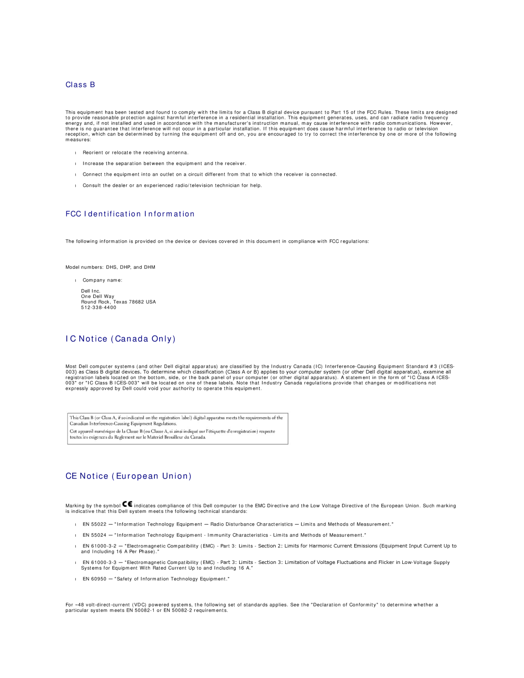 Dell GX60 manual IC Notice Canada Only, CE Notice European Union, Class B, FCC Identification Information 