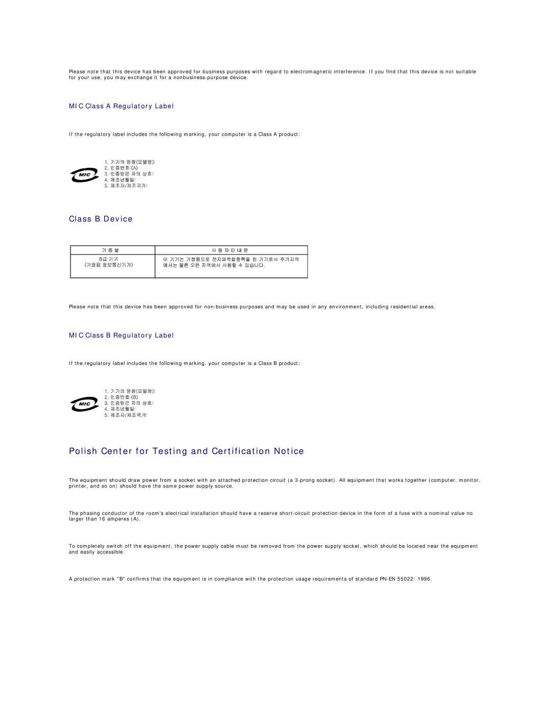 Dell GX60 manual Polish Center for Testing and Certification Notice, Class B Device, MIC Class a Regulatory Label 