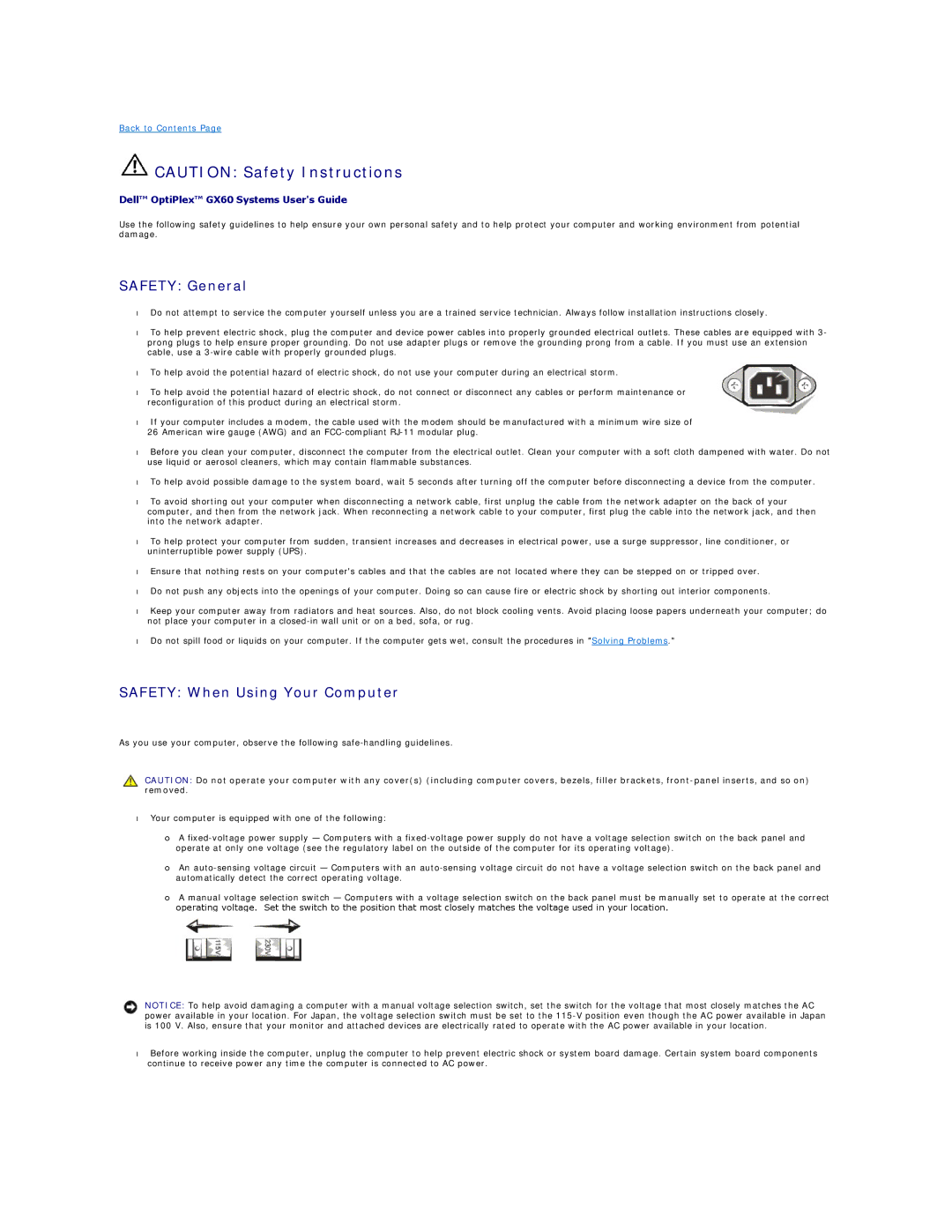 Dell GX60 manual Safety General, Safety When Using Your Computer 