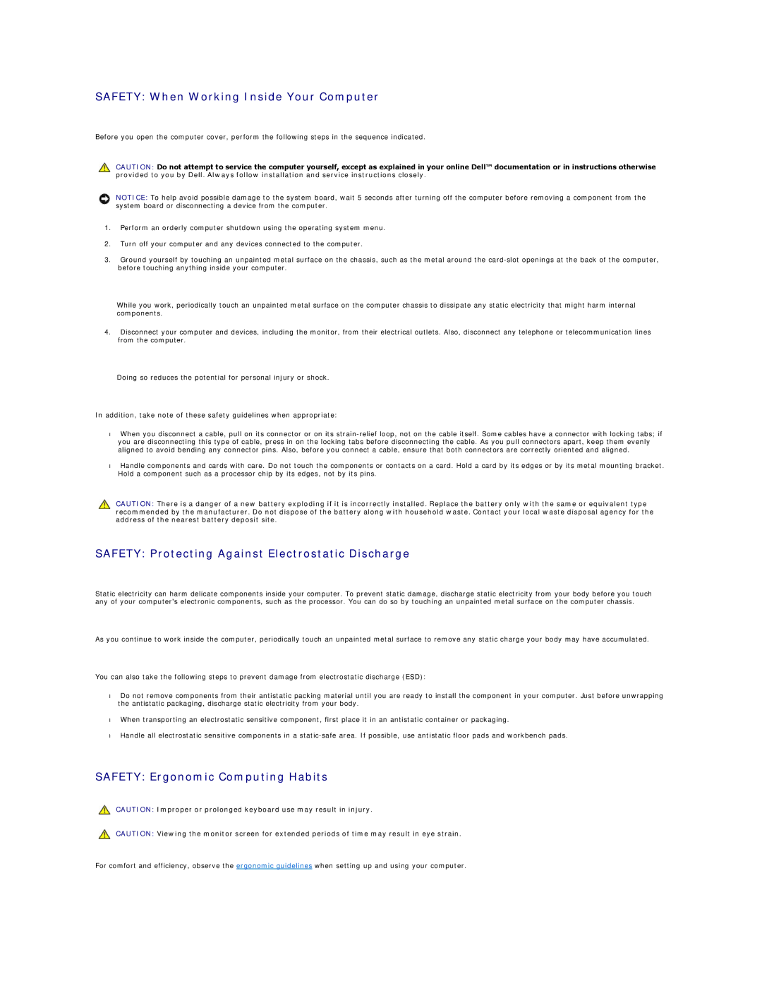 Dell GX60 manual Safety When Working Inside Your Computer, Safety Protecting Against Electrostatic Discharge 