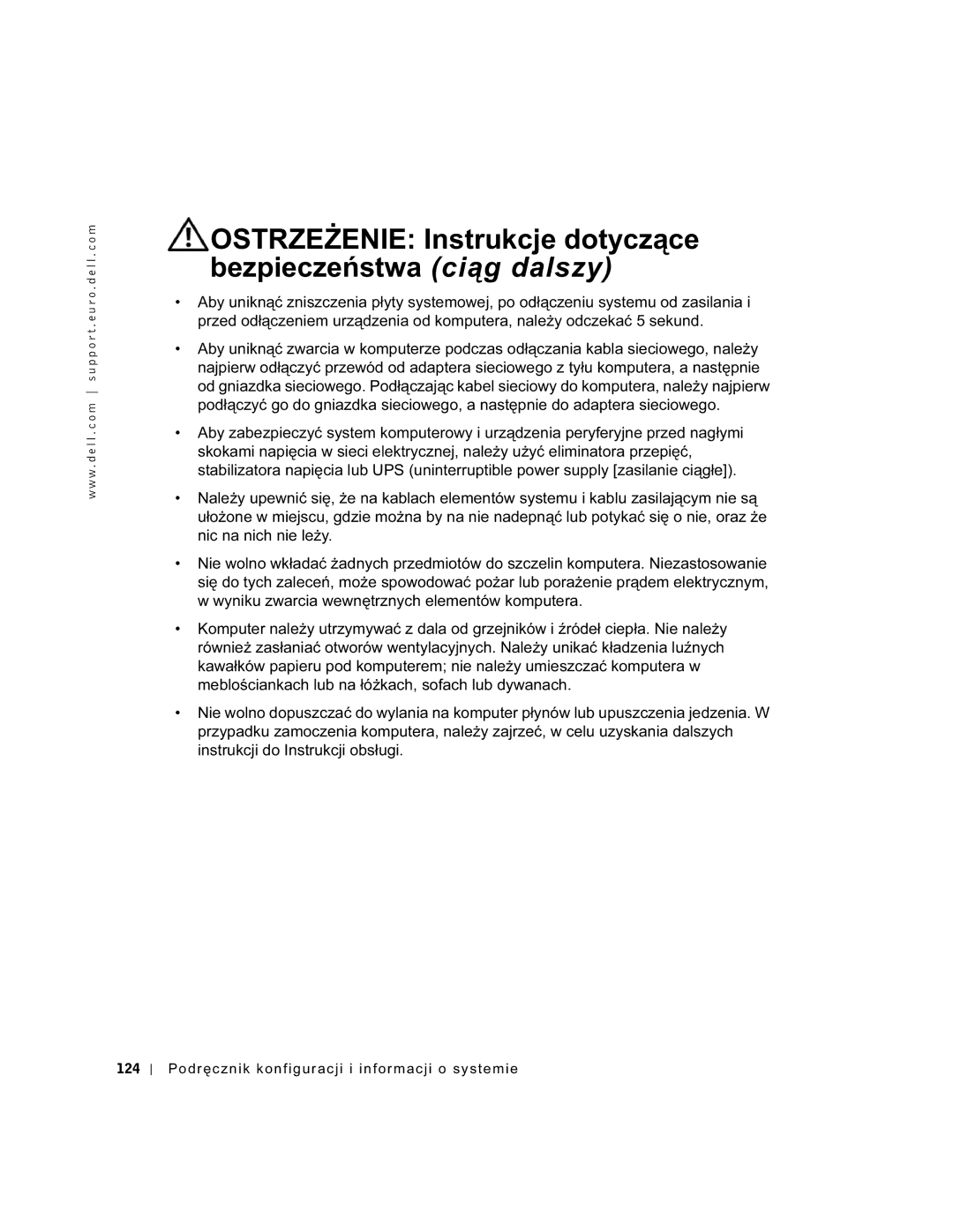 Dell GX60 manual Ostrzeżenie Instrukcje dotyczące bezpieczeństwa ciąg dalszy, 124 