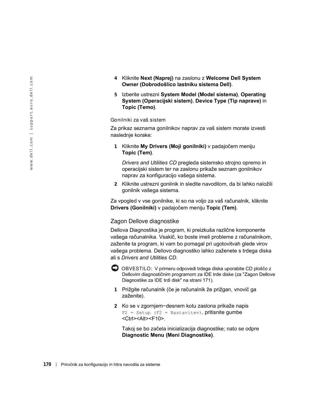 Dell GX60 manual Zagon Dellove diagnostike, F2 = Setup F2 = Nastavitev, pritisnite gumbe CtrlAltF10 