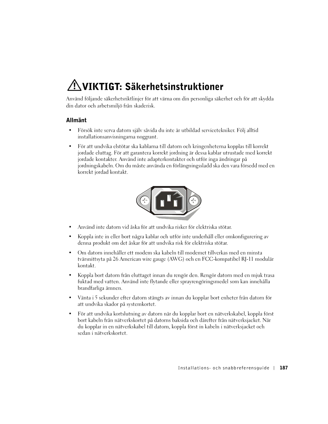 Dell GX60 manual Viktigt Säkerhetsinstruktioner, Allmänt, Installations- och snabbreferensguide 187 