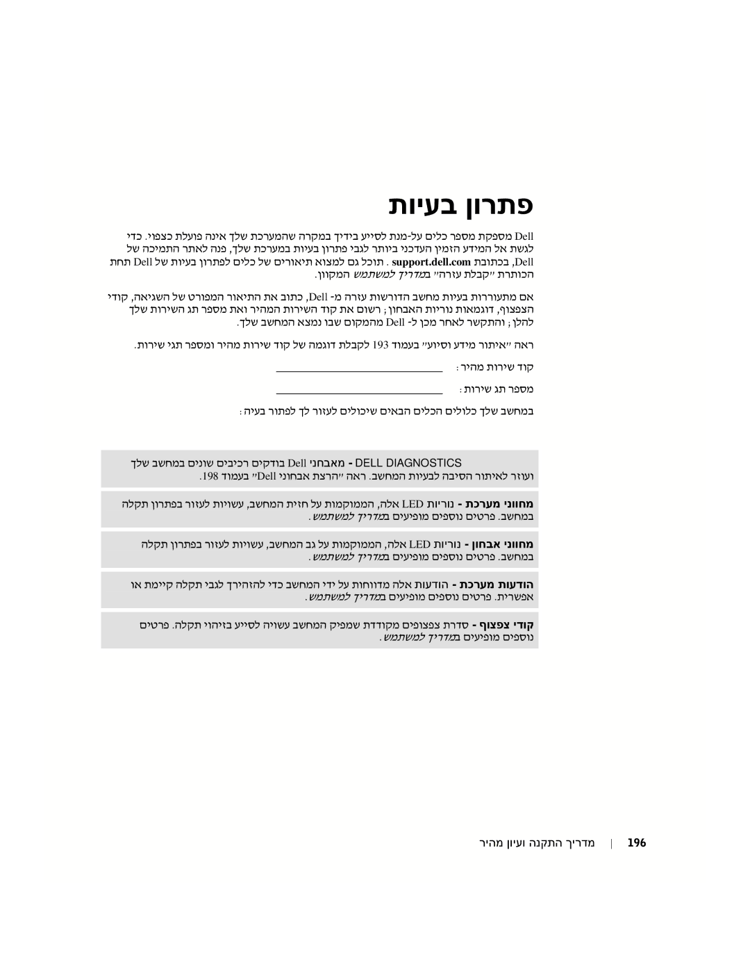 Dell GX60 manual תויעב ןורתפ, הרזע תלבק תרתוכה, היעב רותפל קדוב Dell ינחבאמ Dell Diagnostics 