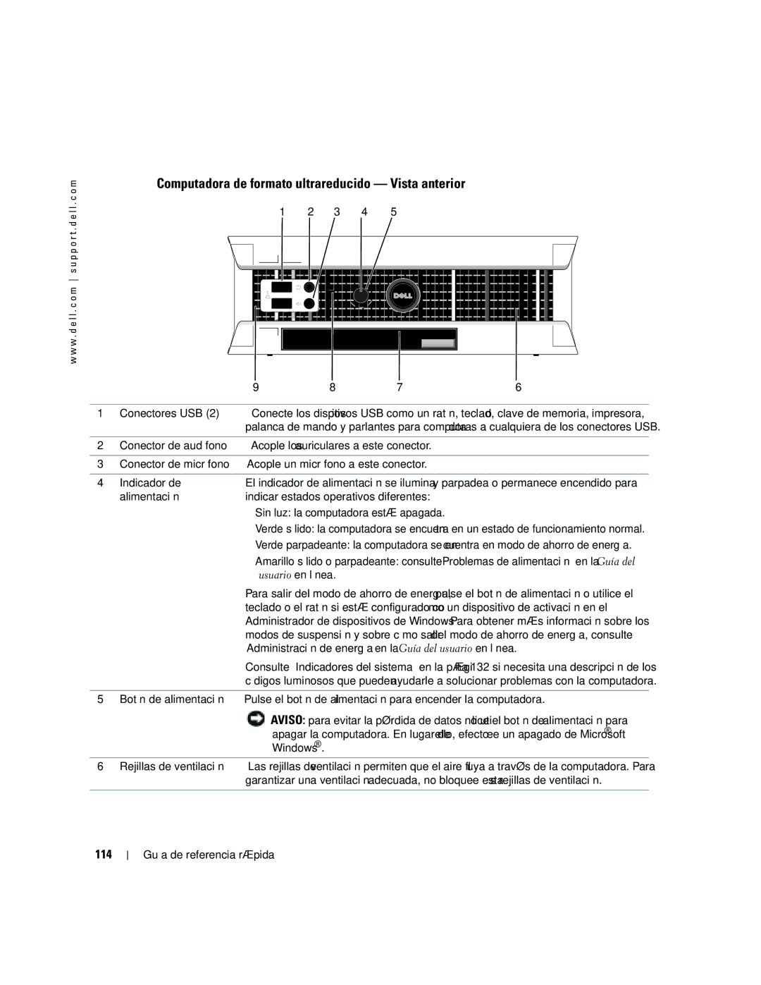 Dell GX620 manual Computadora de formato ultrareducido Vista anterior, 114, Windows 