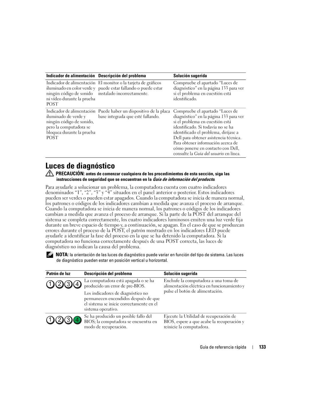 Dell GX620 manual Luces de diagnóstico, 133, Indicador de alimentación Descripción del problema 