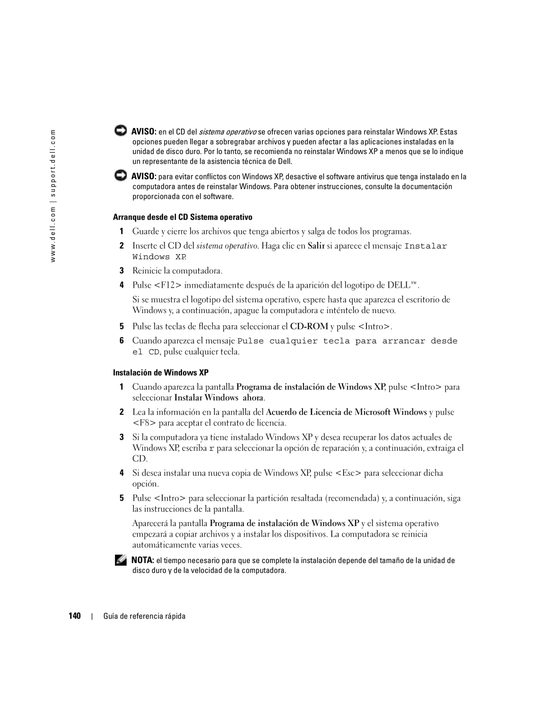 Dell GX620 manual 140, Arranque desde el CD Sistema operativo, Instalación de Windows XP 