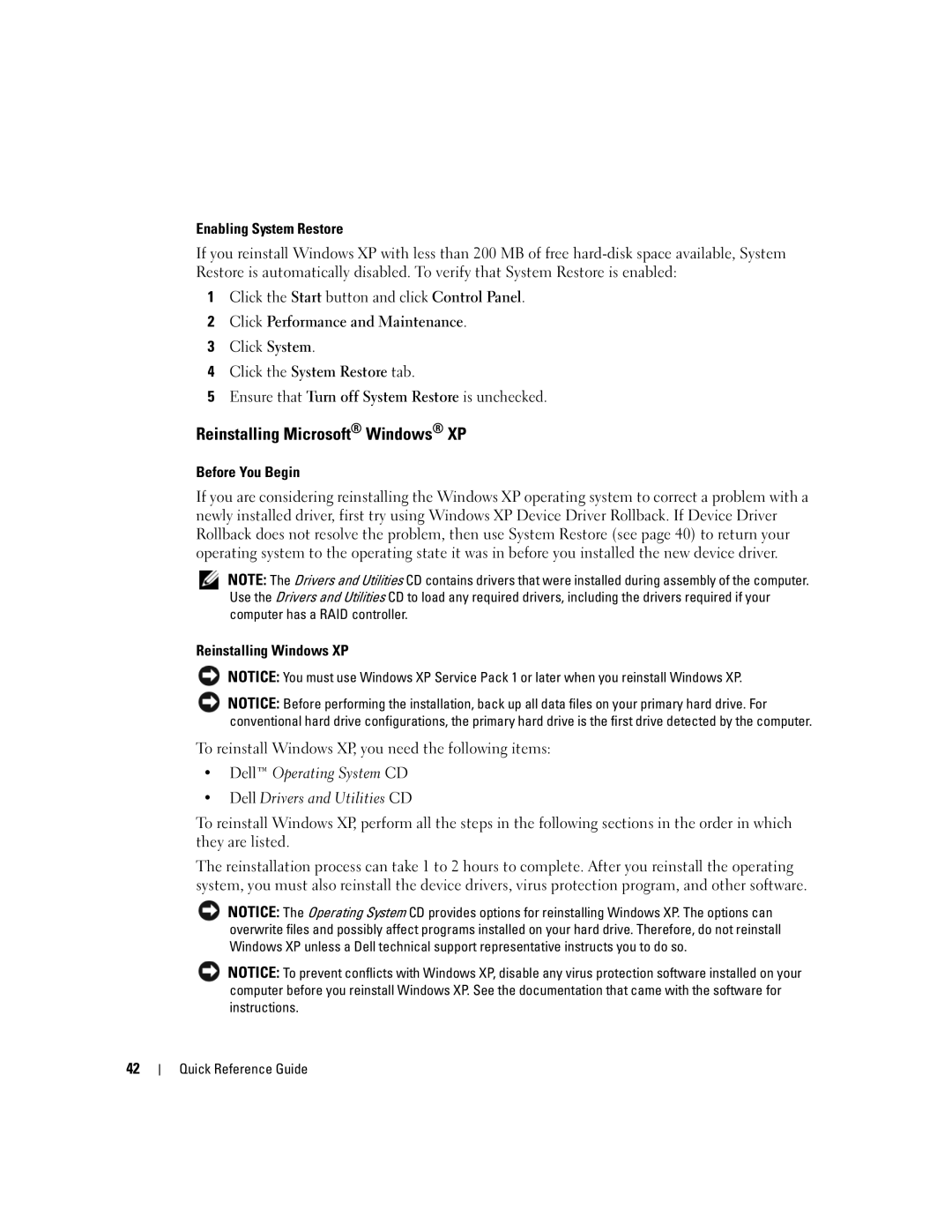 Dell GX620 manual Reinstalling Microsoft Windows XP, Enabling System Restore, Before You Begin, Reinstalling Windows XP 