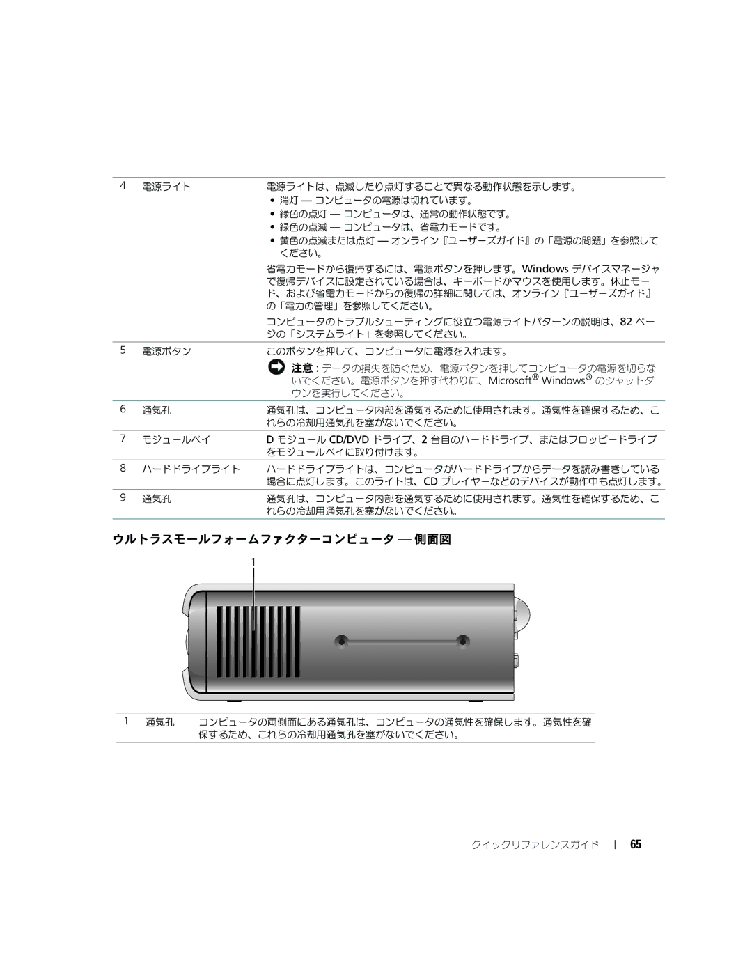 Dell GX620 manual ウルトラスモールフォームファクターコンピュータ 側面図 