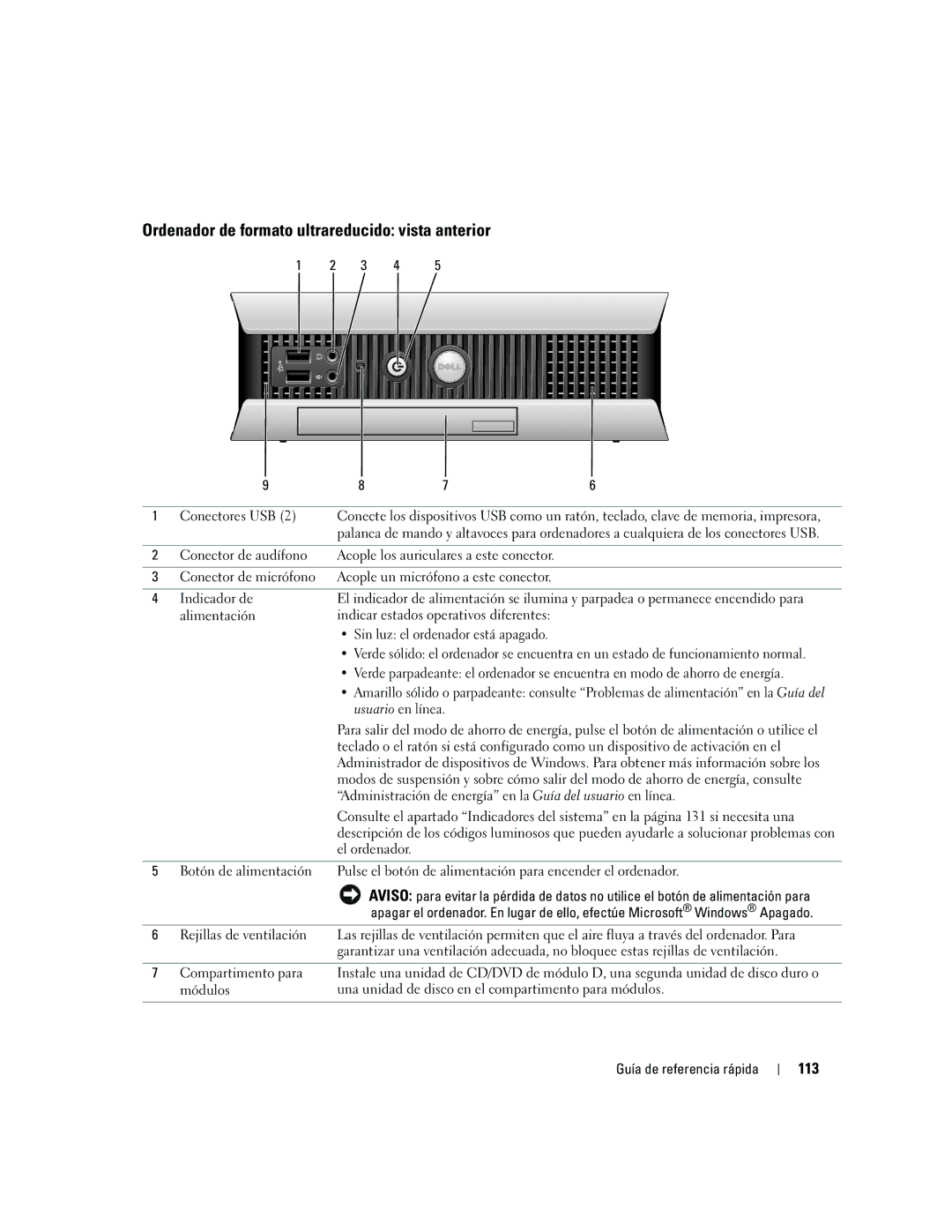 Dell GX620 manual Ordenador de formato ultrareducido vista anterior, 113 