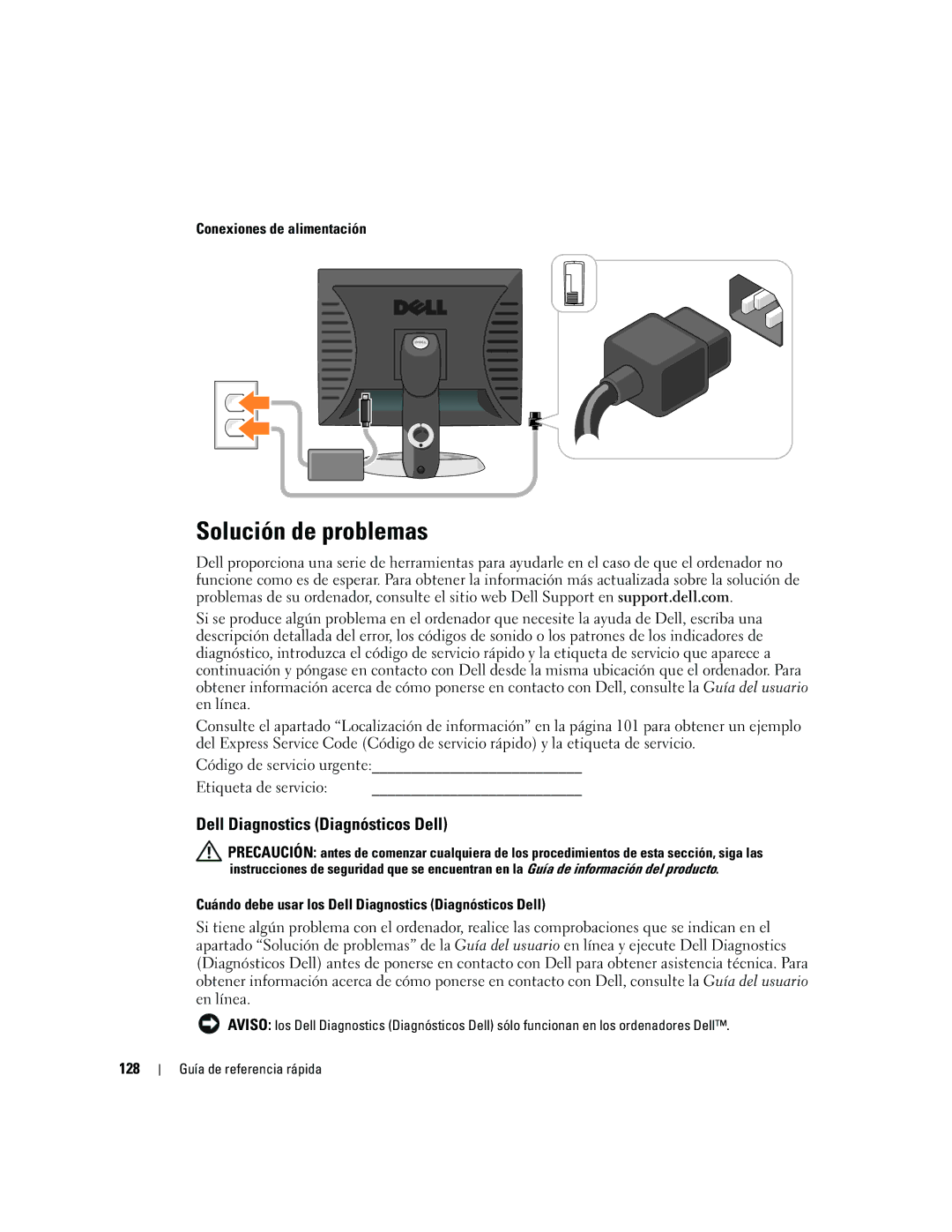 Dell GX620 manual Solución de problemas, Dell Diagnostics Diagnósticos Dell, Conexiones de alimentación, 128 