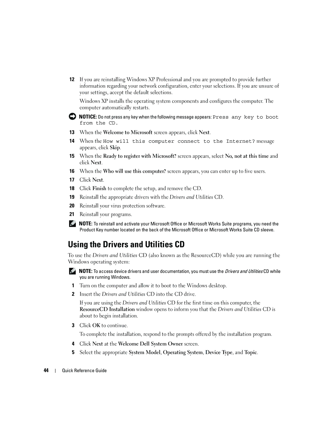 Dell GX620 manual Using the Drivers and Utilities CD, When the Welcome to Microsoft screen appears, click Next 