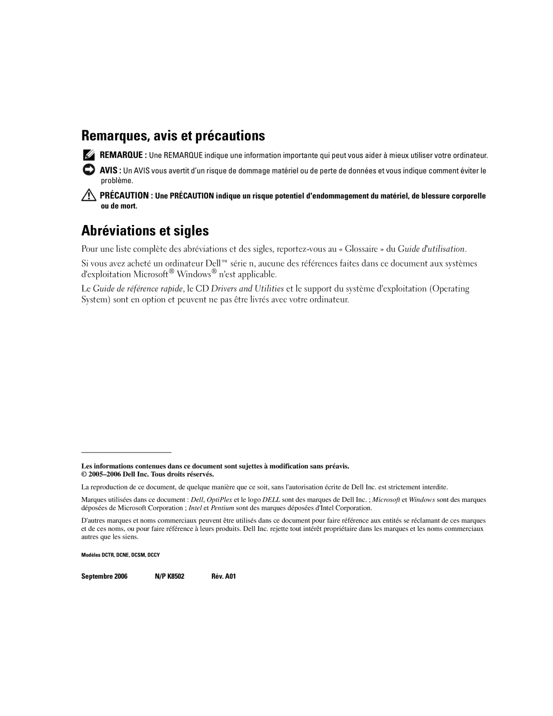 Dell GX620 manual Remarques, avis et précautions, Abréviations et sigles 