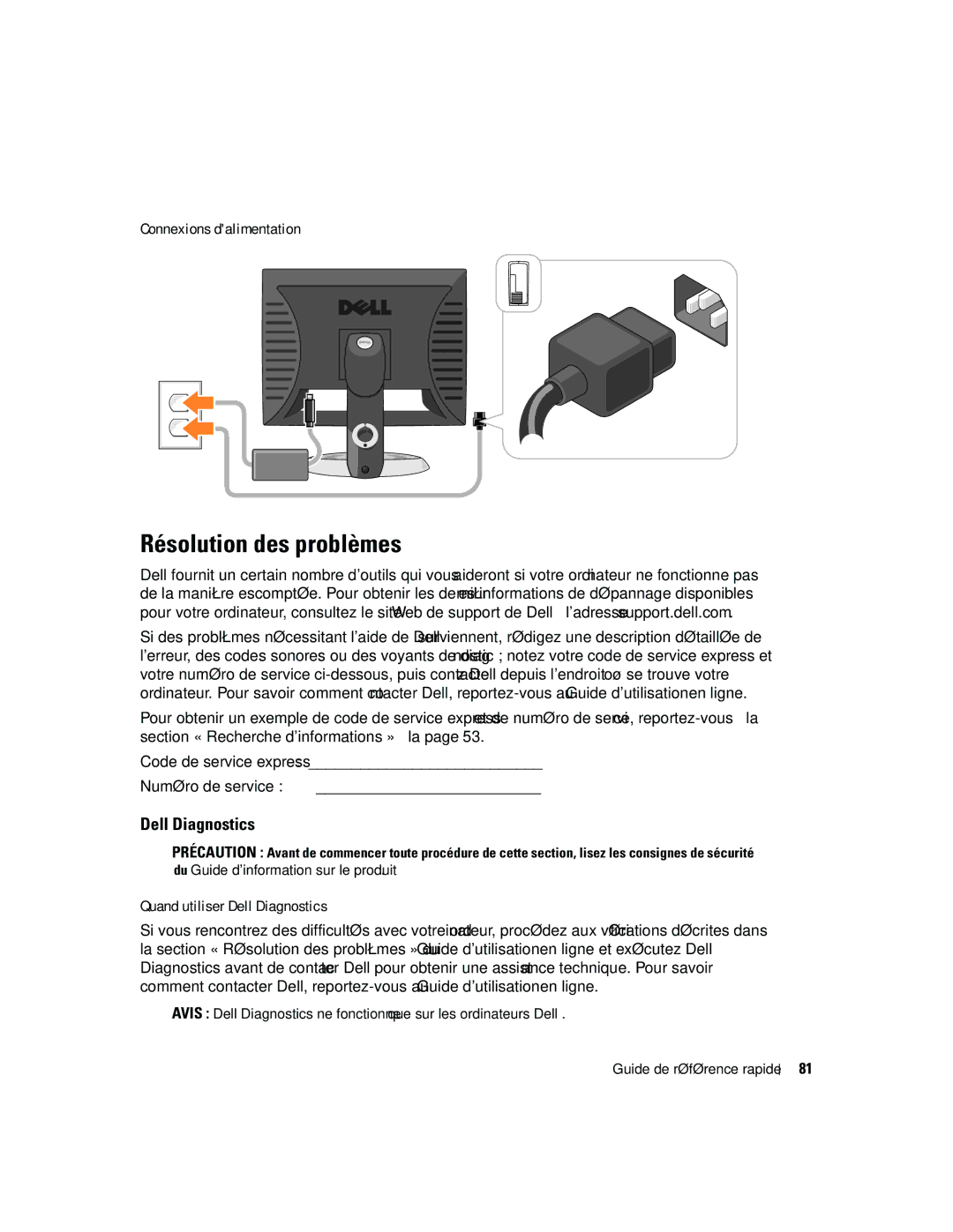 Dell GX620 manual Résolution des problèmes, Connexions dalimentation, Quand utiliser Dell Diagnostics 