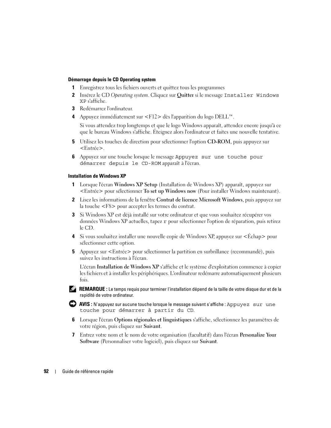 Dell GX620 manual Démarrage depuis le CD Operating system, Installation de Windows XP 