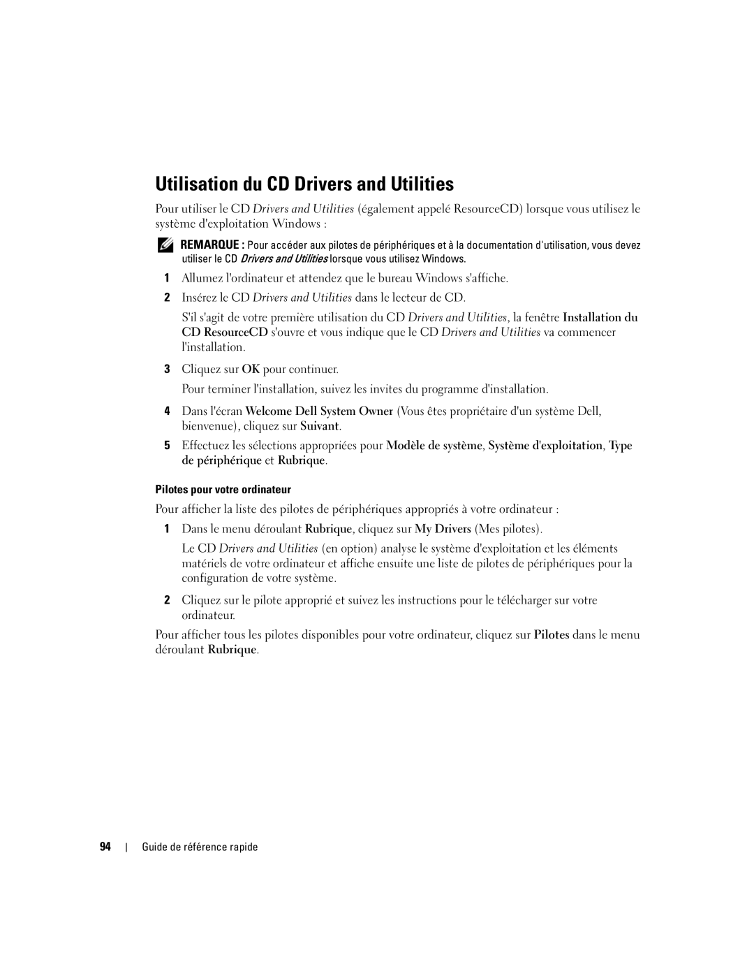 Dell GX620 manual Utilisation du CD Drivers and Utilities, Pilotes pour votre ordinateur 