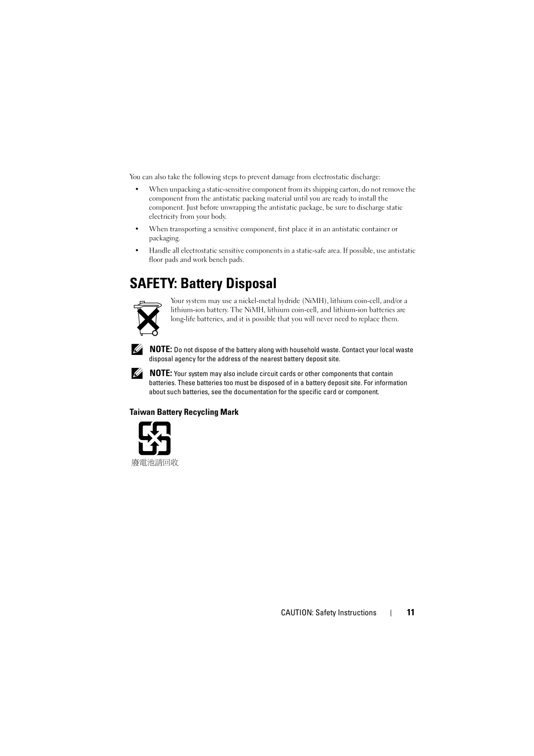 Dell H200 manual Safety Battery Disposal 