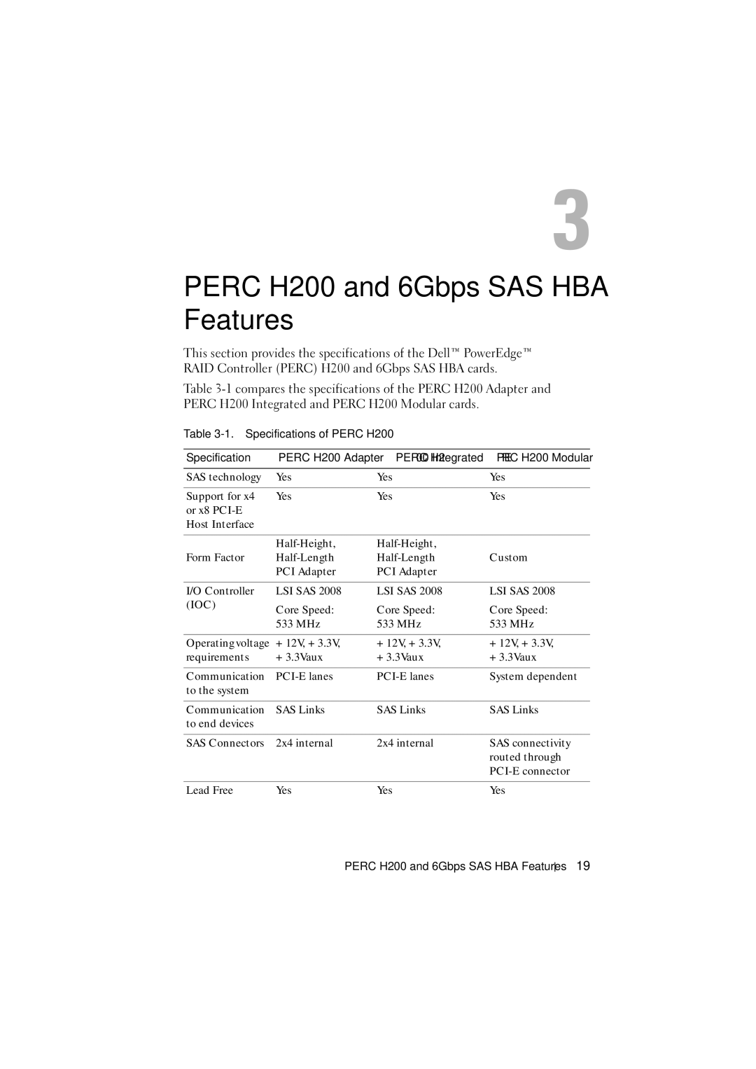 Dell manual Perc H200 and 6Gbps SAS HBA Features, Specifications of Perc H200 