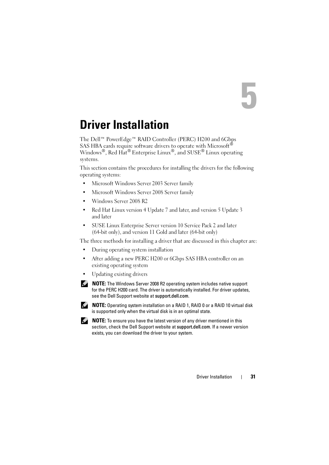 Dell H200 manual Driver Installation 