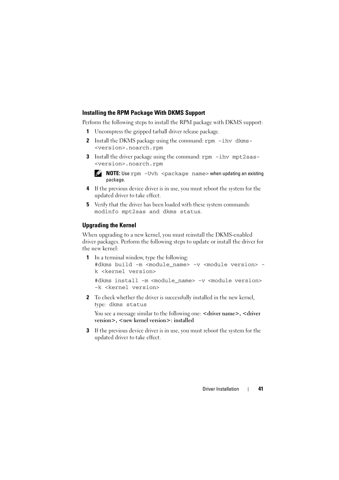 Dell H200 manual Installing the RPM Package With Dkms Support, Upgrading the Kernel 