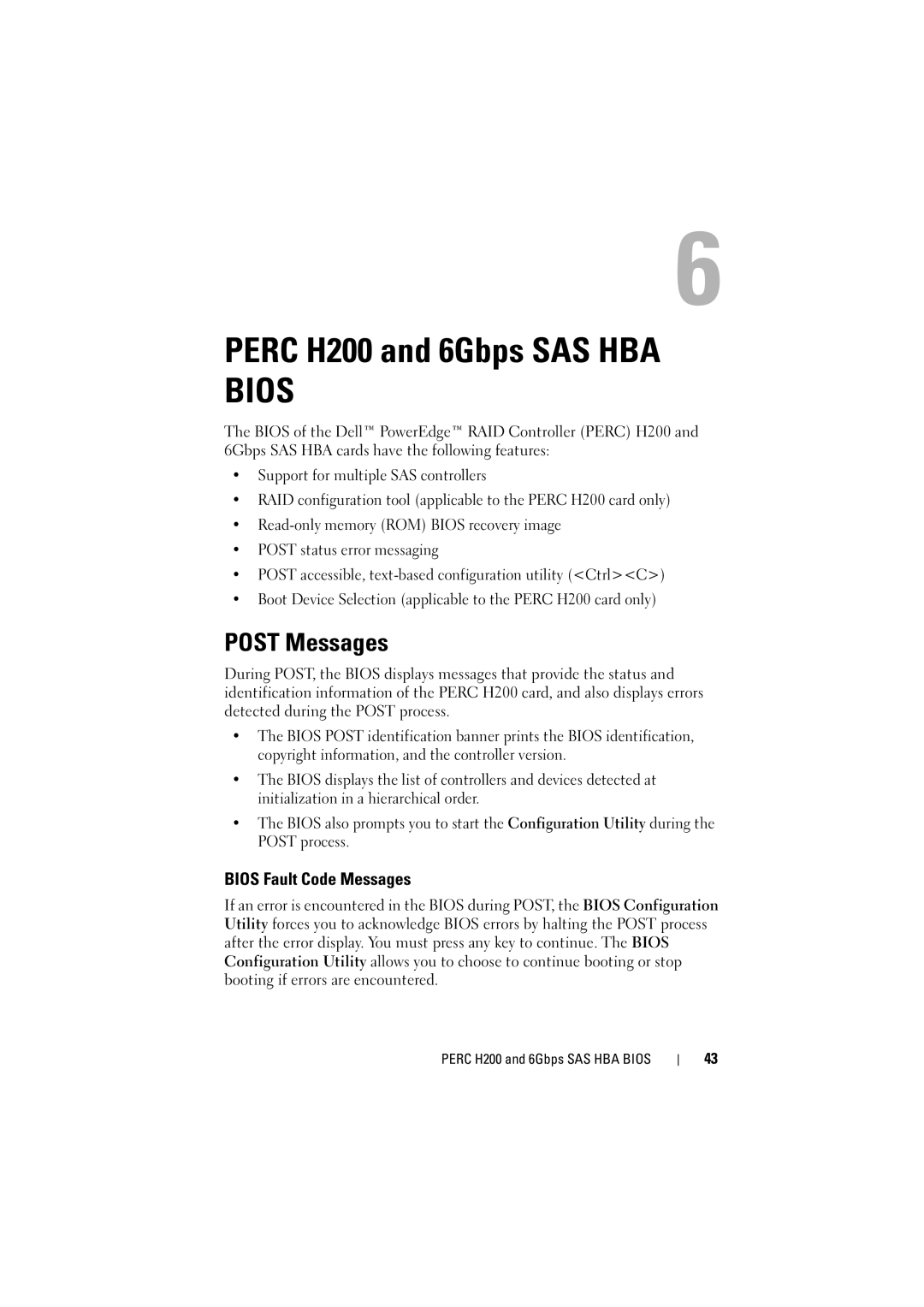 Dell manual Perc H200 and 6Gbps SAS HBA Bios, Post Messages, Bios Fault Code Messages 