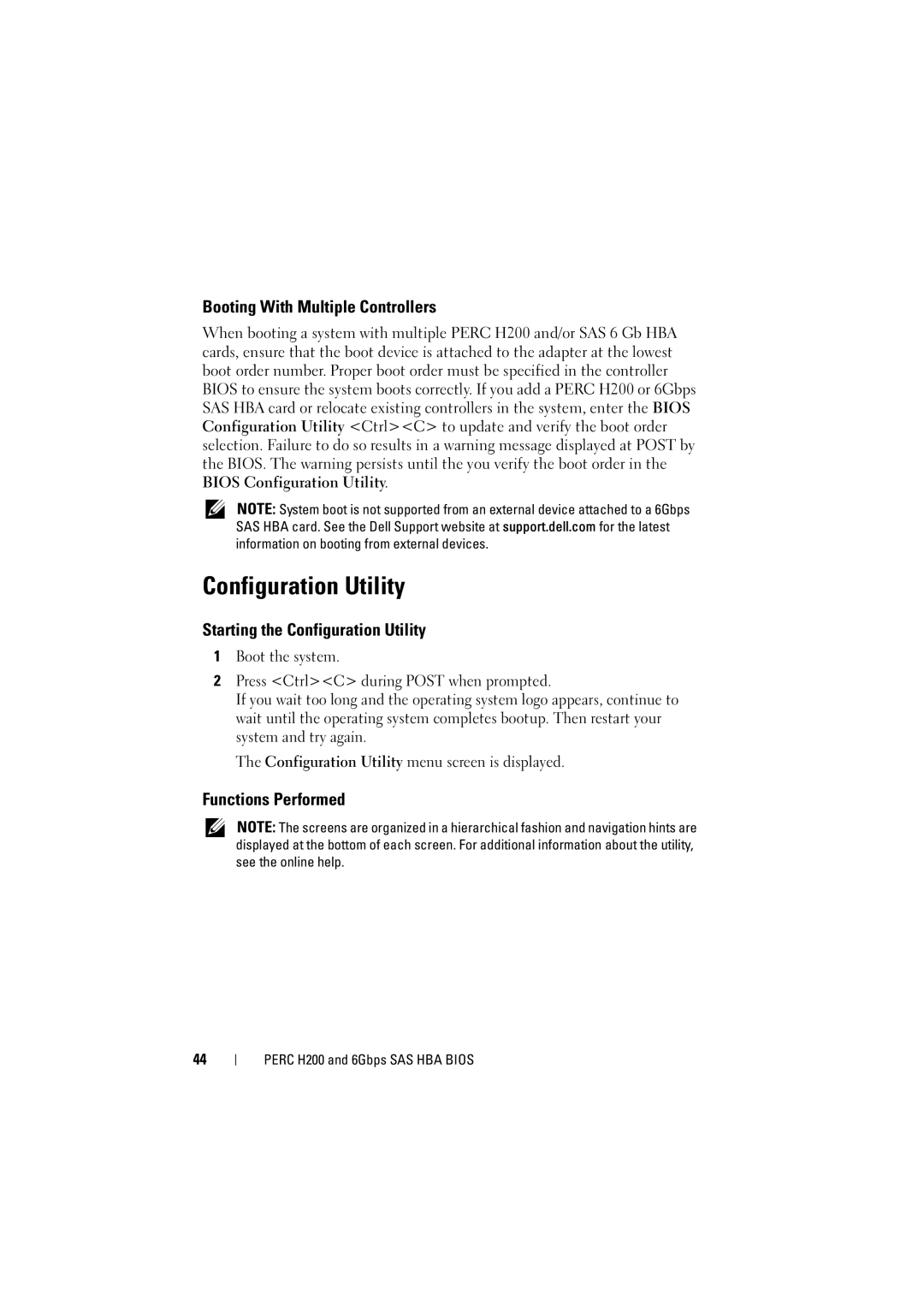 Dell H200 manual Booting With Multiple Controllers, Starting the Configuration Utility, Functions Performed 