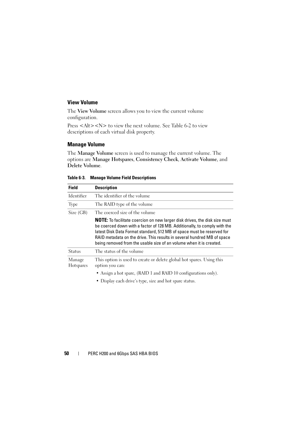 Dell H200 View Volume, Manage Volume Field Descriptions, Assign a hot spare, RAID 1 and RAID 10 configurations only 