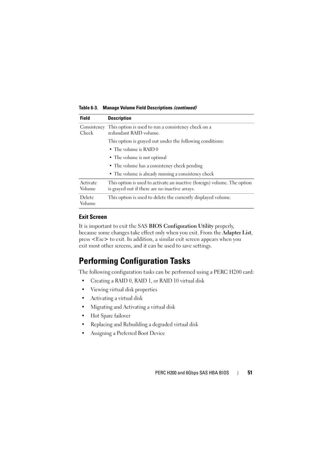 Dell H200 manual Performing Configuration Tasks, Exit Screen 