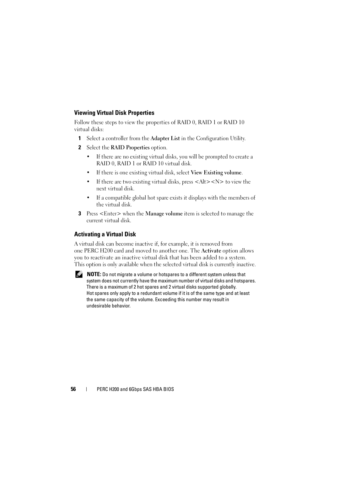 Dell H200 manual Viewing Virtual Disk Properties, Activating a Virtual Disk 