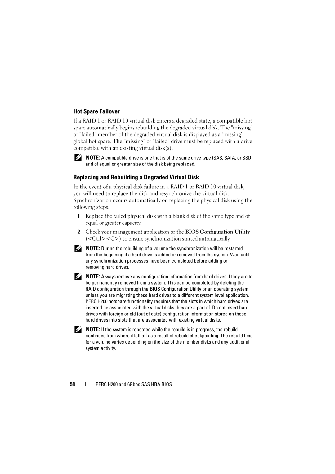 Dell H200 manual Hot Spare Failover, Replacing and Rebuilding a Degraded Virtual Disk 