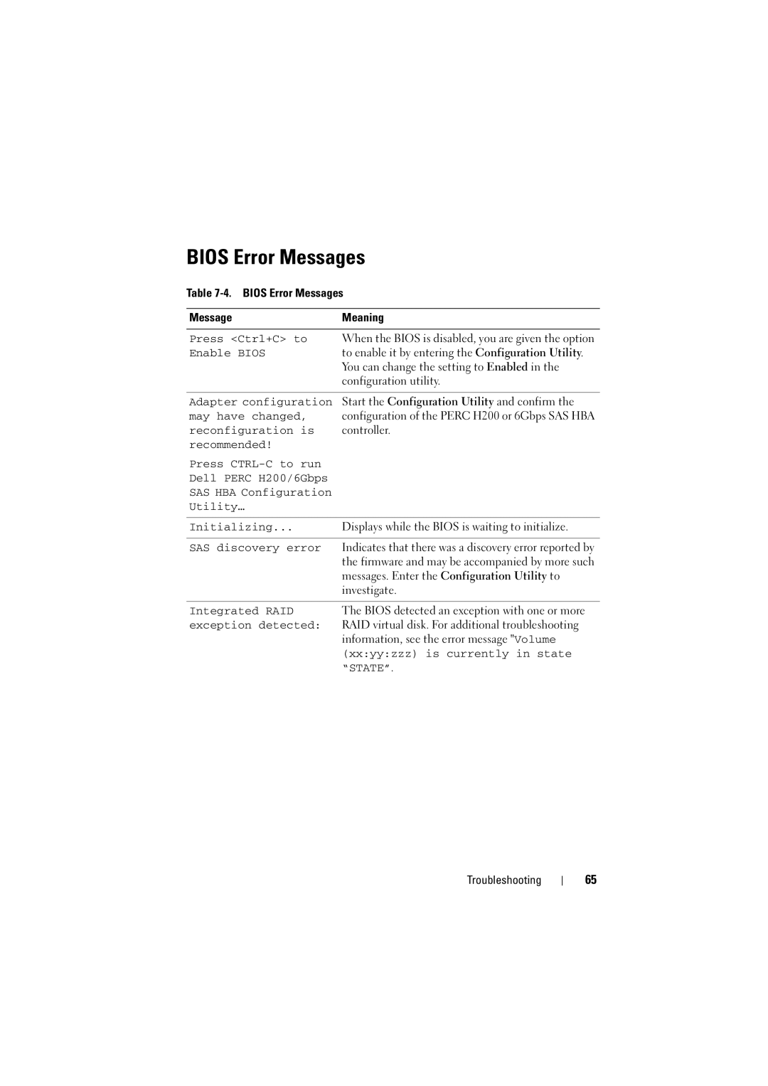 Dell H200 manual Bios Error Messages Meaning 