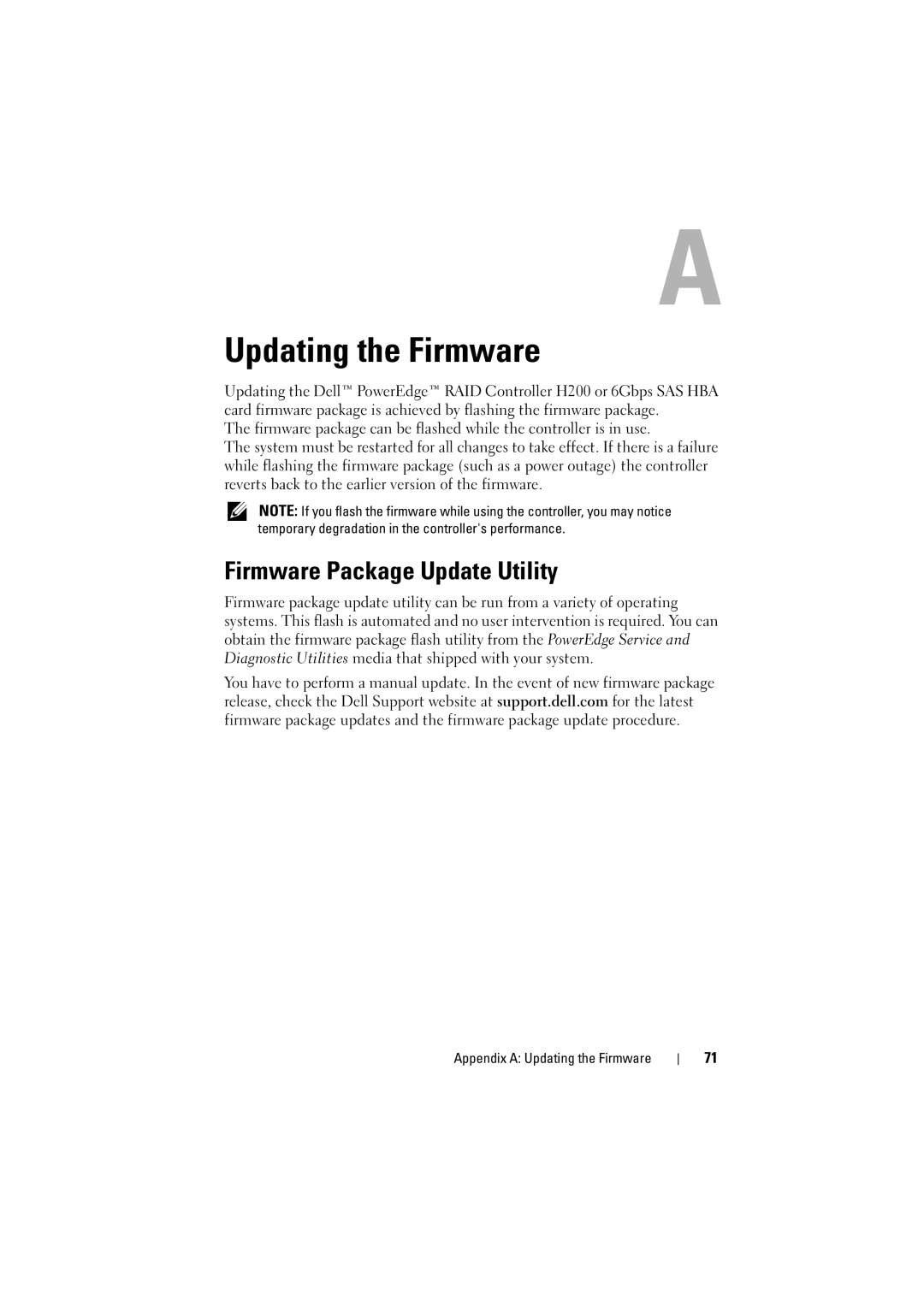 Dell H200 manual Firmware Package Update Utility, Appendix a Updating the Firmware 