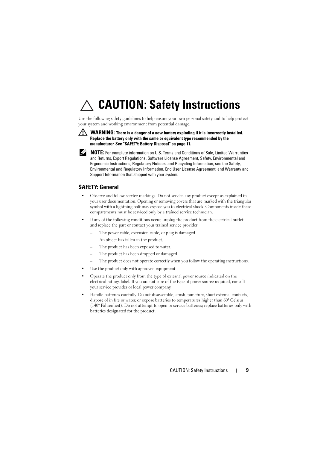 Dell H200 manual Safety General 