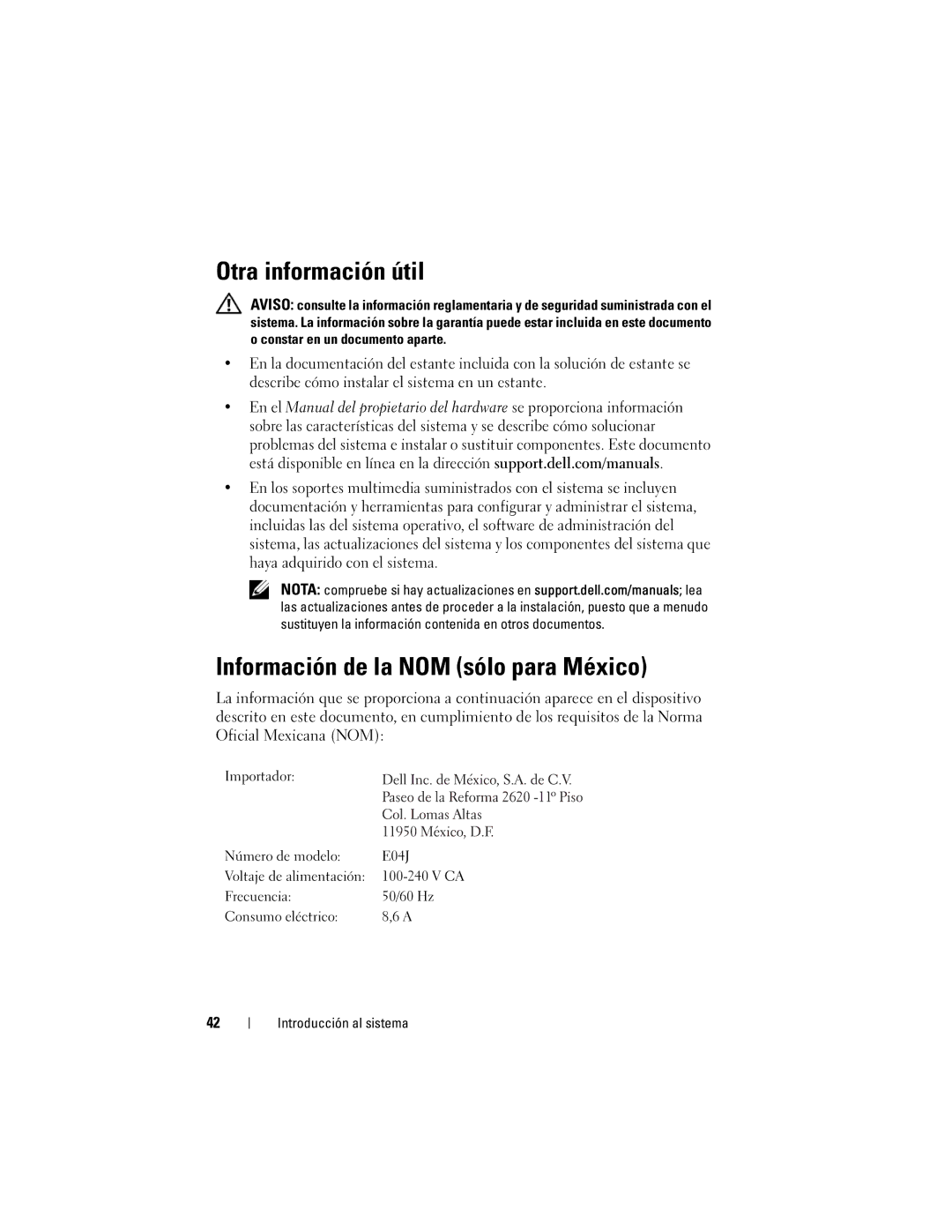 Dell H476M, E04J manual Otra información útil, Información de la NOM sólo para México 