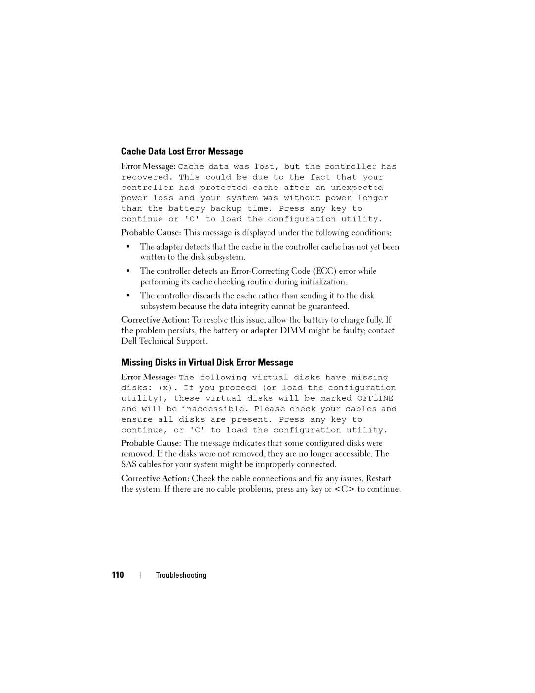 Dell H710P, H310, H810 manual Cache Data Lost Error Message, Missing Disks in Virtual Disk Error Message, 110 