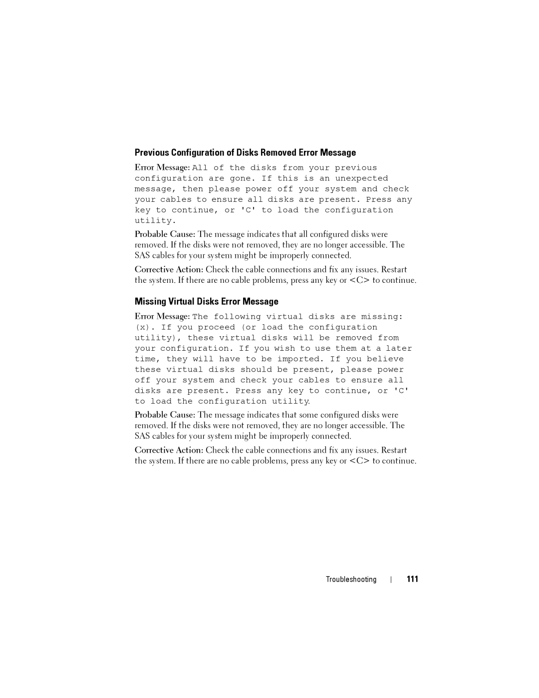 Dell H810, H710P, H310 manual Previous Configuration of Disks Removed Error Message, Missing Virtual Disks Error Message, 111 