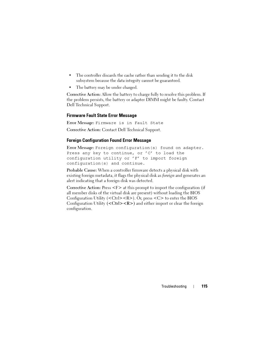 Dell H810, H710P, H310 manual Firmware Fault State Error Message, Foreign Configuration Found Error Message, 115 