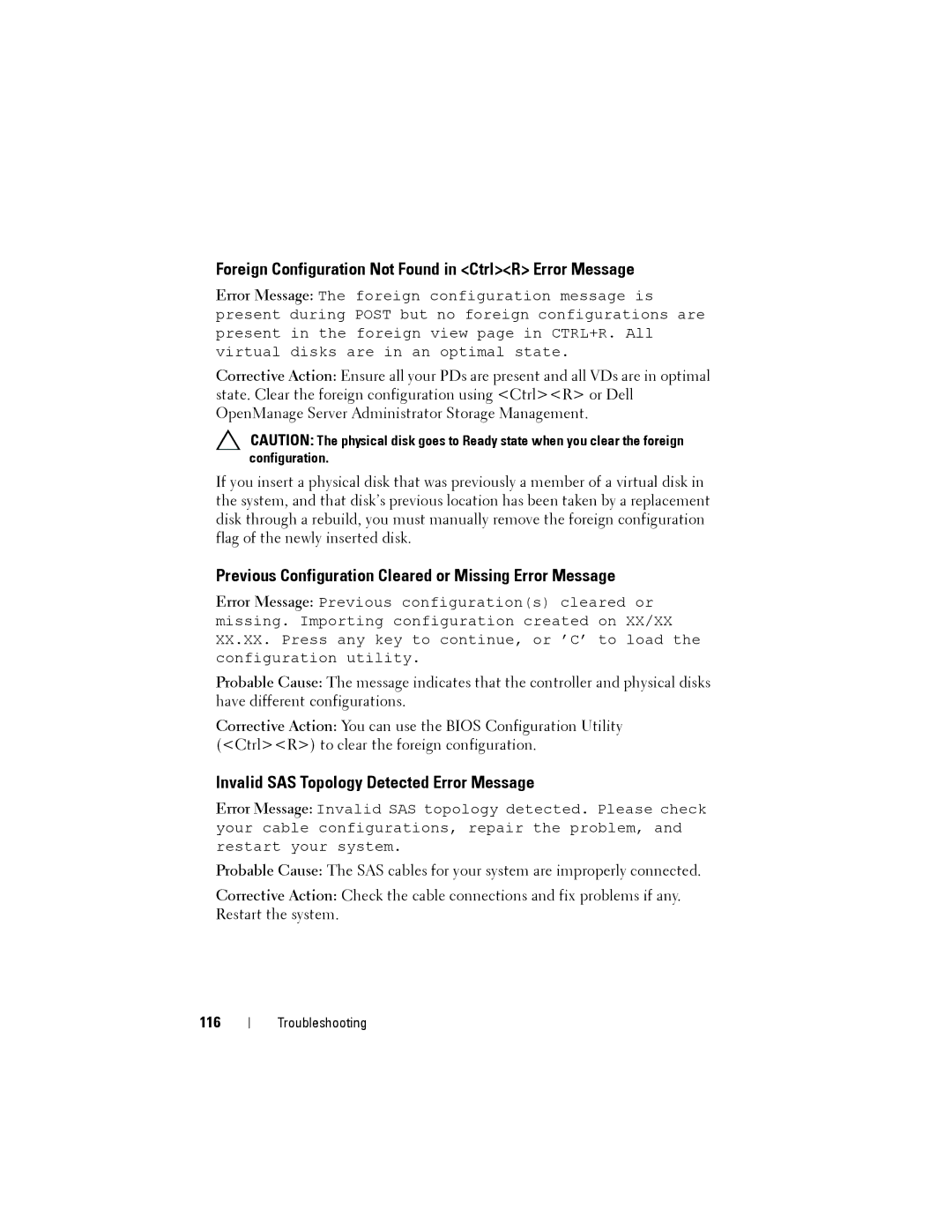 Dell H710P Foreign Configuration Not Found in CtrlR Error Message, Previous Configuration Cleared or Missing Error Message 