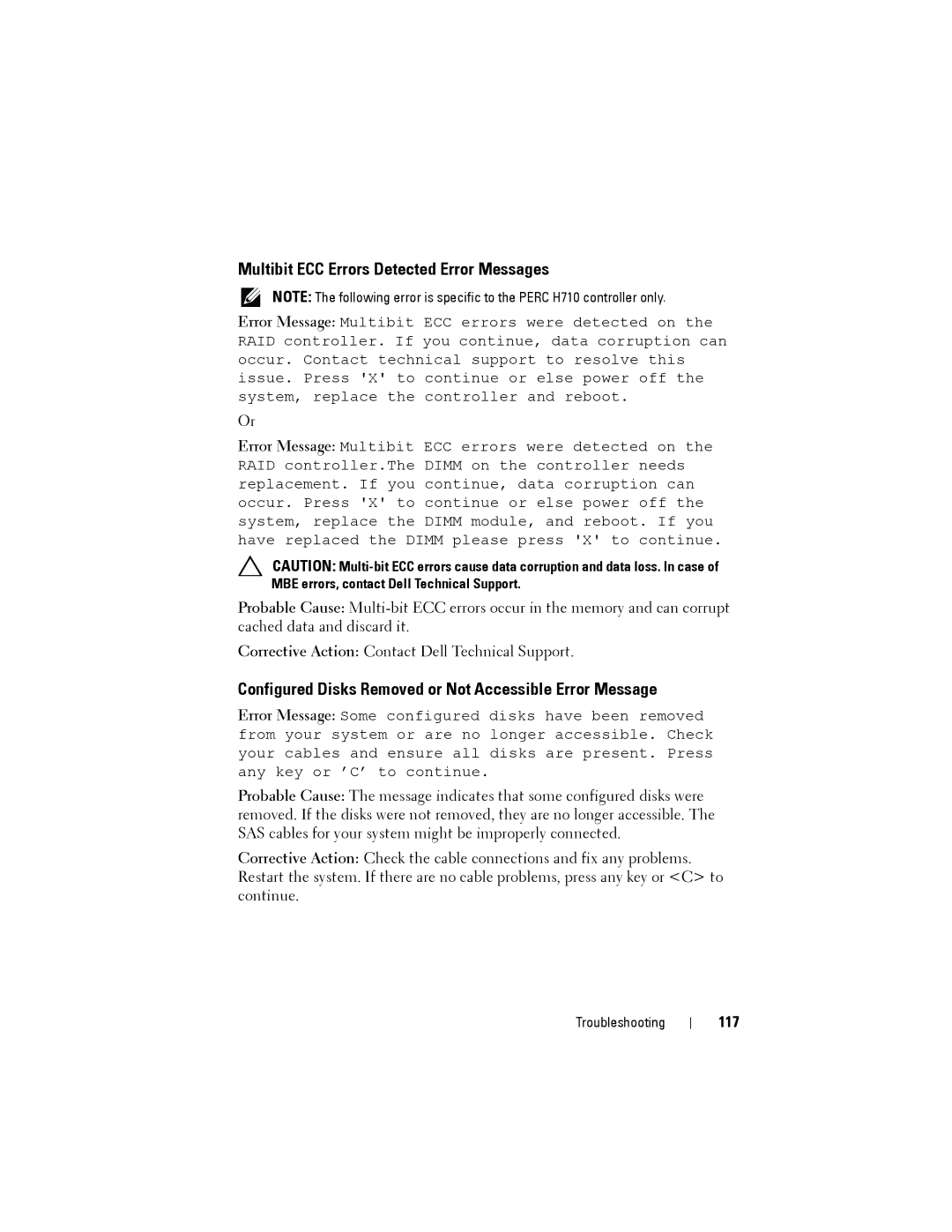 Dell H310, H710 Multibit ECC Errors Detected Error Messages, Configured Disks Removed or Not Accessible Error Message, 117 