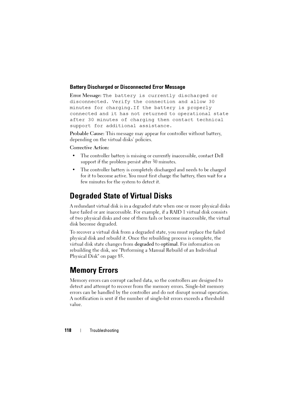 Dell H710P, H310 Degraded State of Virtual Disks, Memory Errors, Battery Discharged or Disconnected Error Message, 118 