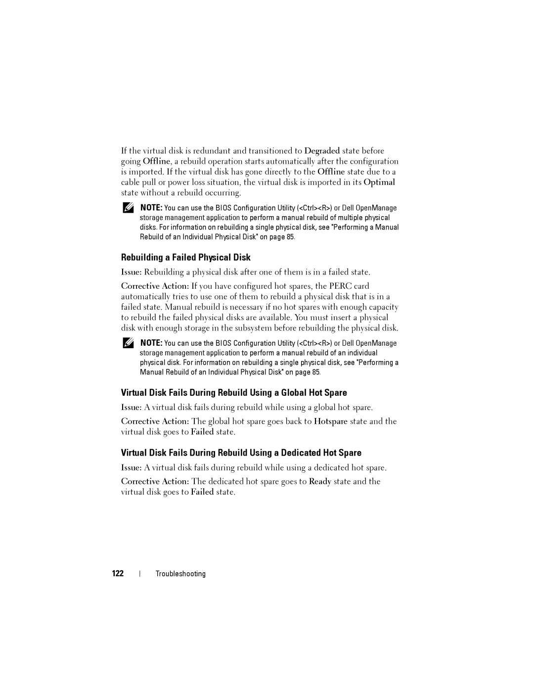 Dell H710P, H310 Rebuilding a Failed Physical Disk, Virtual Disk Fails During Rebuild Using a Global Hot Spare, 122 