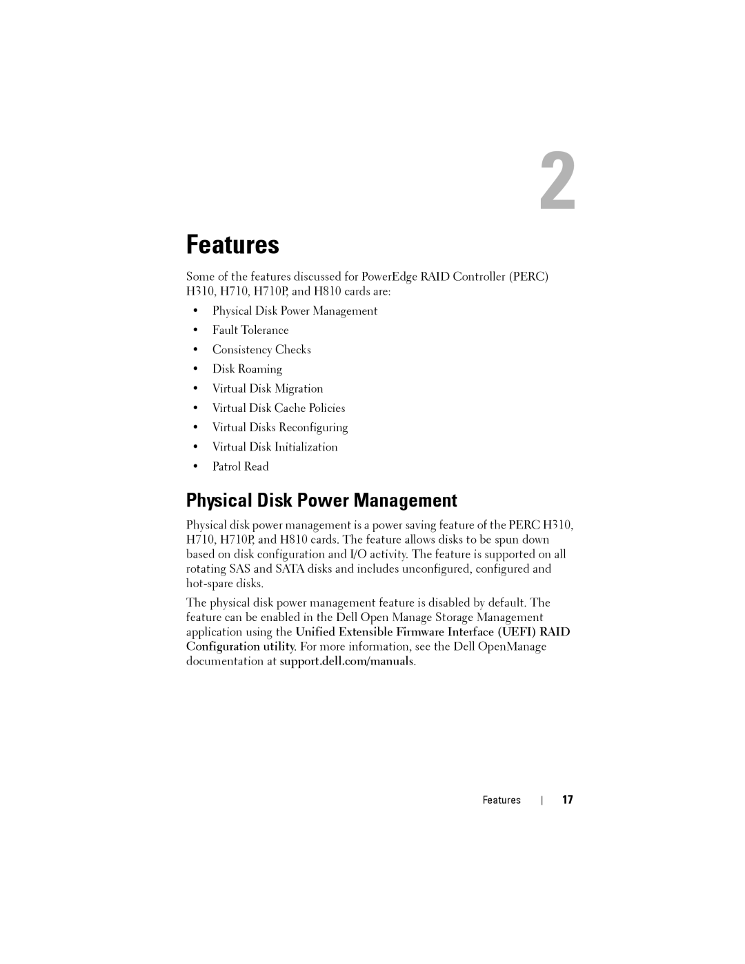 Dell H310, H710P, H810 manual Features, Physical Disk Power Management 