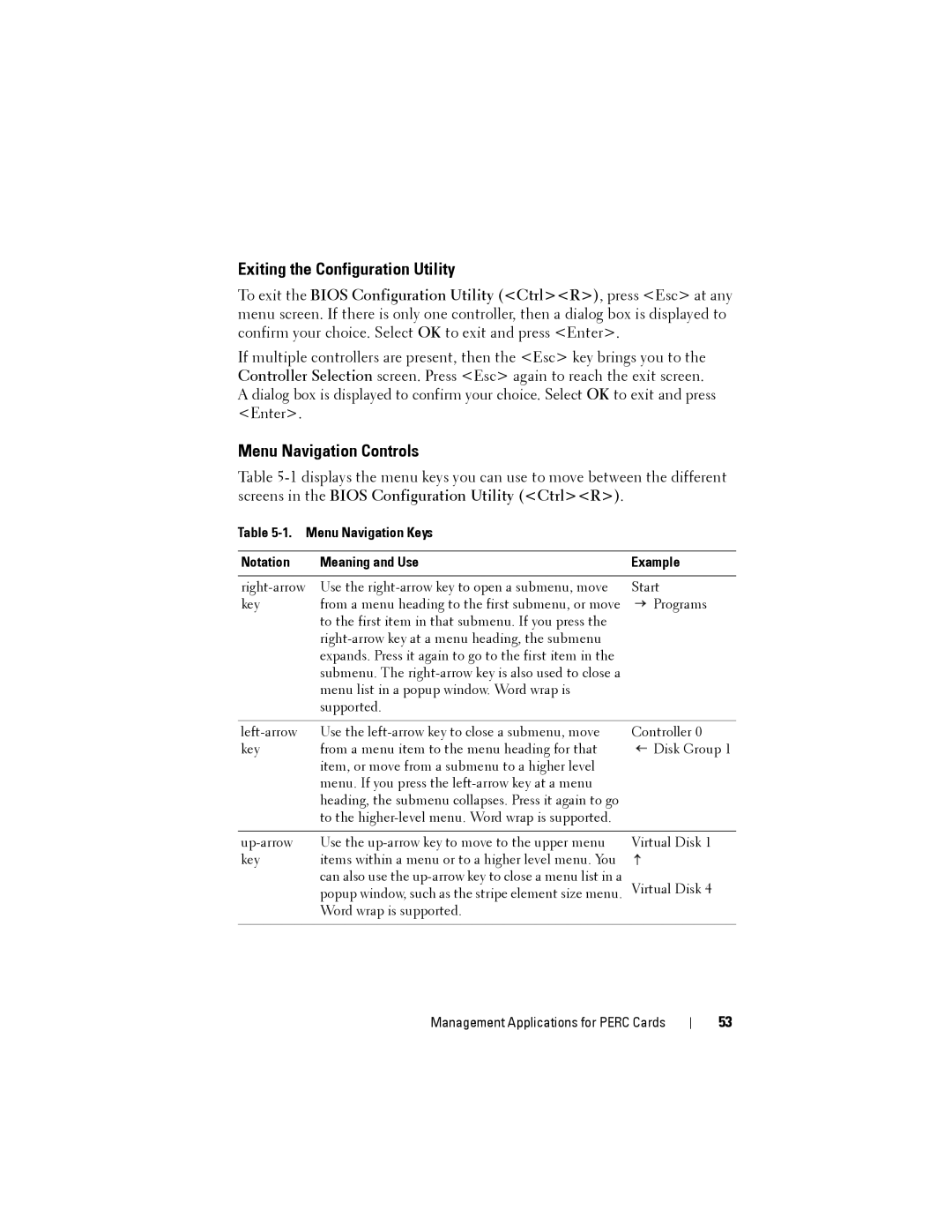 Dell H310, H710P, H810 manual Exiting the Configuration Utility, Menu Navigation Controls 