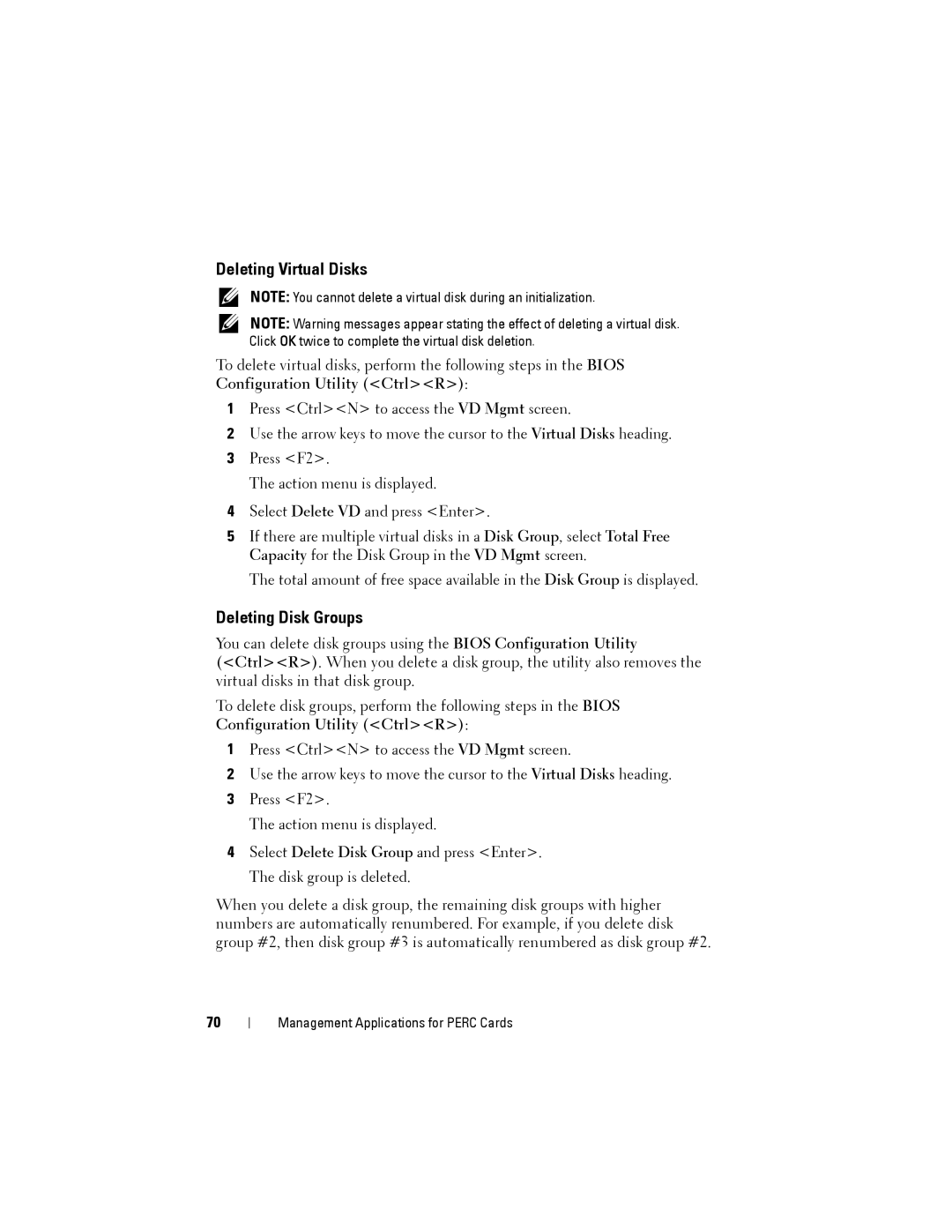 Dell H710P, H310, H810 manual Deleting Virtual Disks, Deleting Disk Groups 
