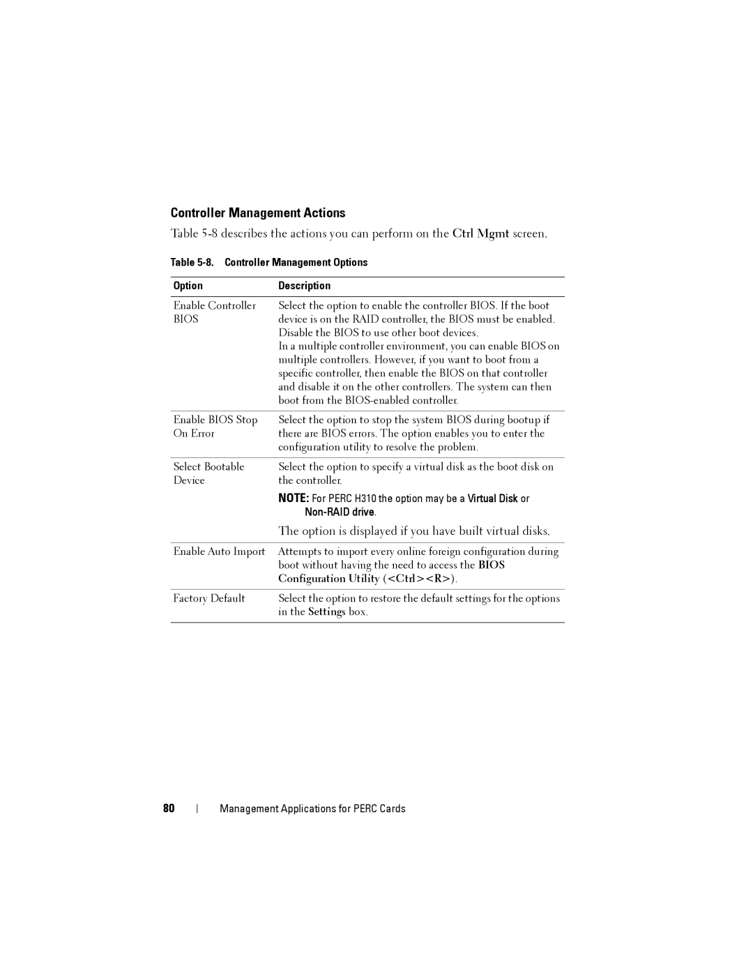 Dell H710P, H310, H810 manual Controller Management Actions, Controller Management Options Description, Non-RAID drive 