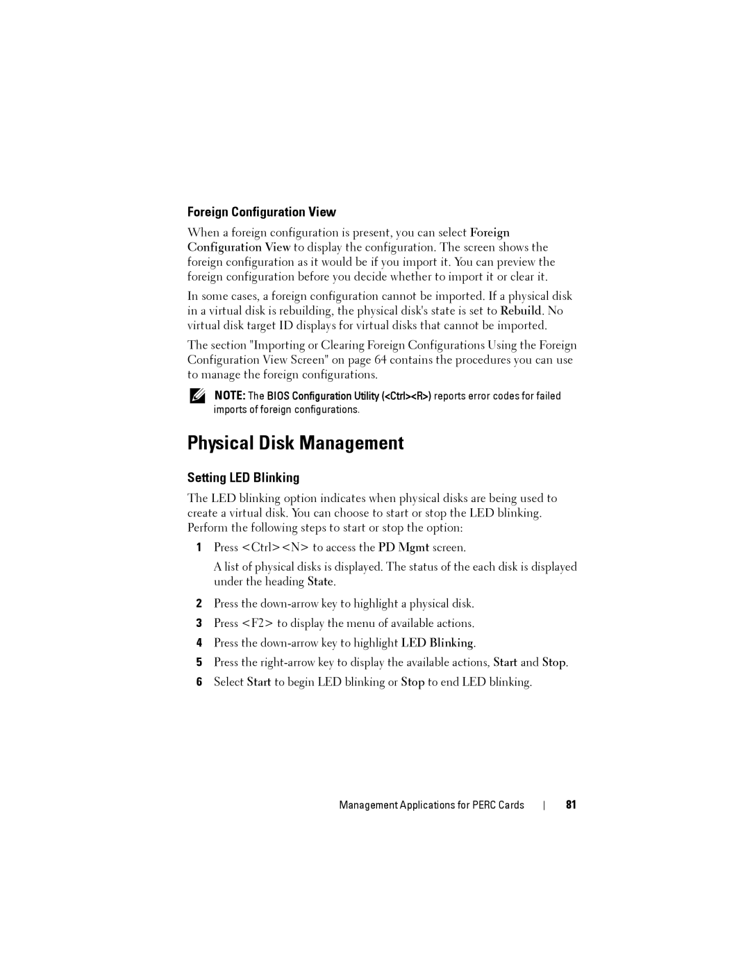 Dell H310, H710P, H810 manual Physical Disk Management, Foreign Configuration View, Setting LED Blinking 