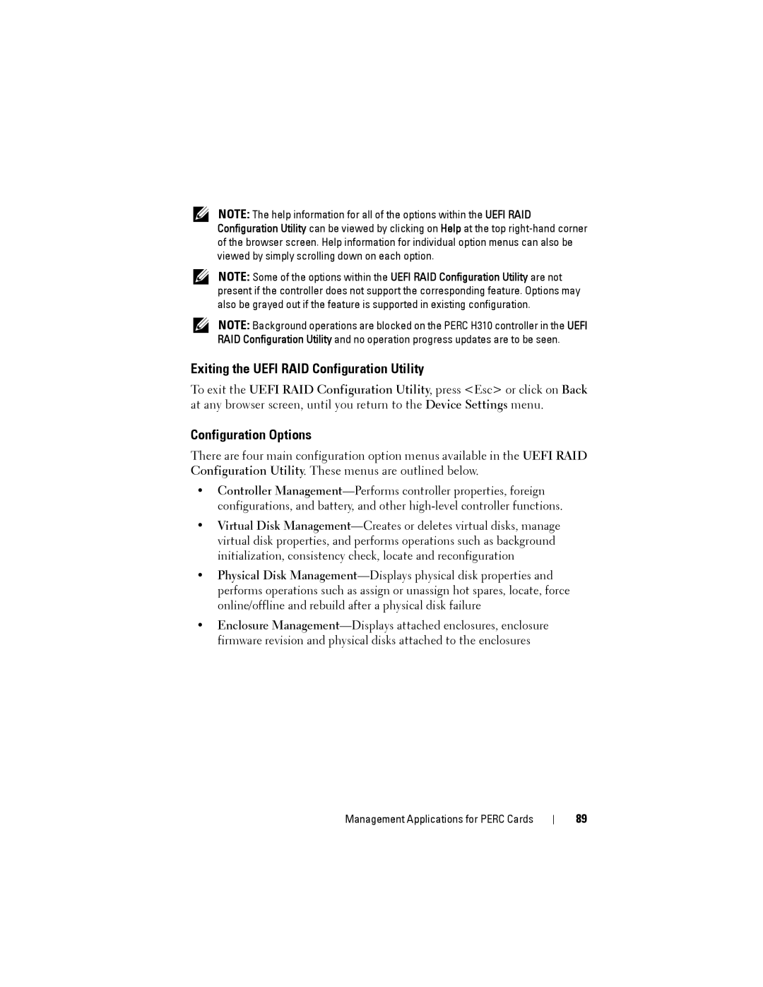 Dell H310, H710P, H810 manual Exiting the Uefi RAID Configuration Utility, Configuration Options 