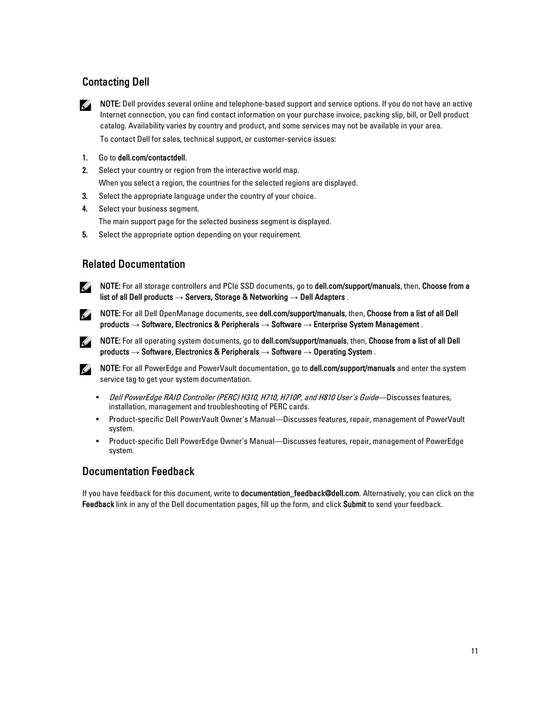 Dell H810, H710P, H310 manual Contacting Dell, Related Documentation, Documentation Feedback 